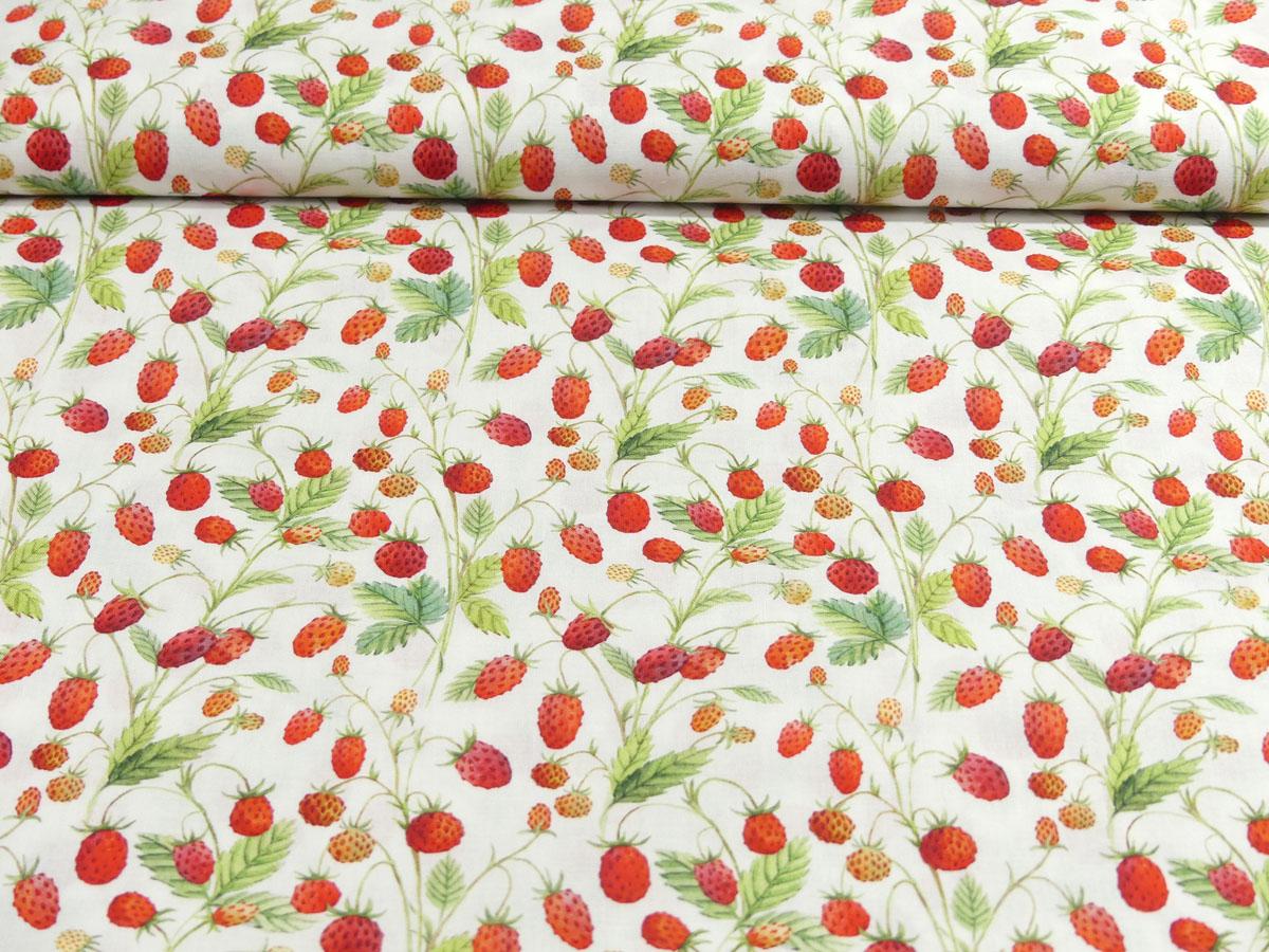 Patchworkstoff mit herrlichen Walderdbeeren auf weißem Hintergung aus der Kollektion Hedgehog Hollow